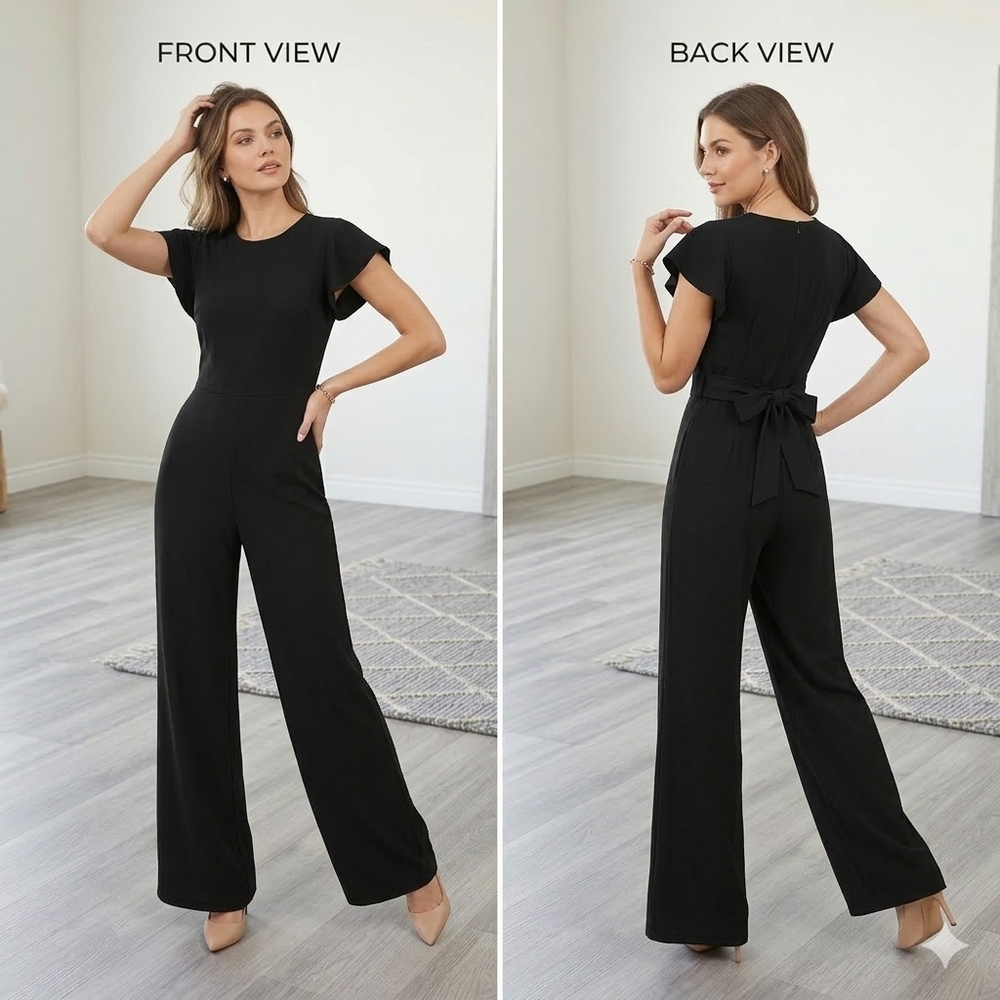 NWT LOFT Elegant Black Wide-Leg Tie-Waist Jumpsuit with Short Sleeves Size 4P